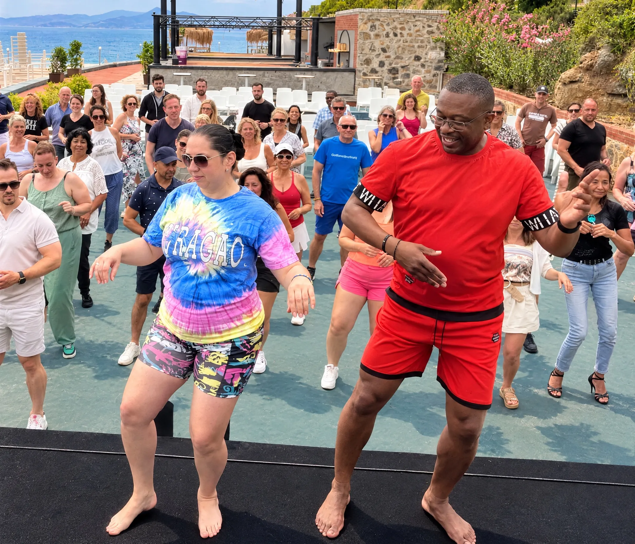 Group dance class on the terrace during the dance holiday