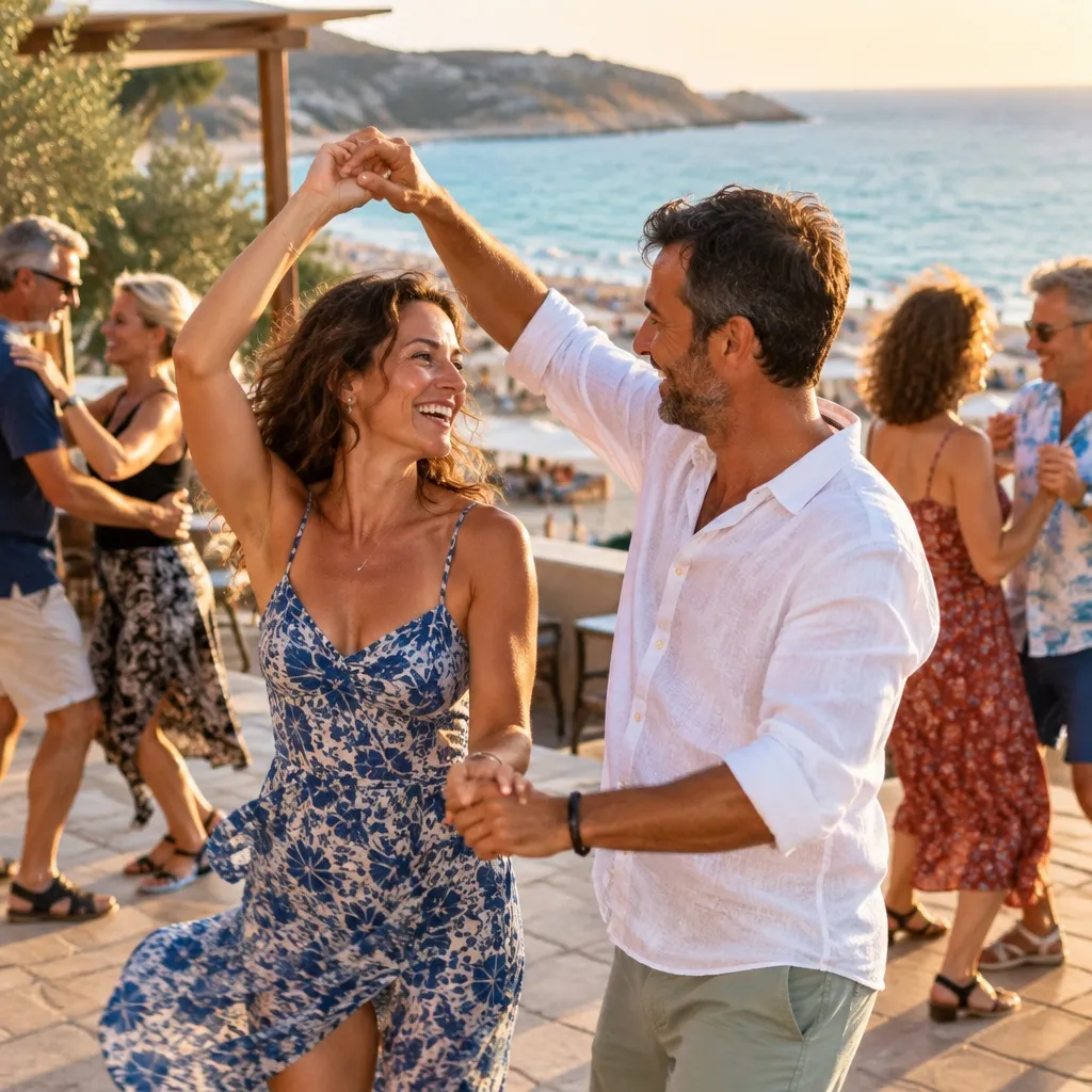 Couple dancing and laughing at sunset by the sea